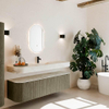MONDIAZ THOR-DLUX 170cm meuble de salle de bains arrondi gauche + droite couleur Shadow avec 1 tiroir et 2 portes. Vasque suspendue CLOUD Milieu 1 trou de robinet couleur Ostra. SW1465548
