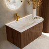 MONDIAZ KURVE-DLUX meuble de salle de bains 85cm avec module 25 R couleur noyer avec 1 tiroir et 1 porte. Vasque CLOUD à gauche 1 trou de robinetterie couleur Glace. SW1138013