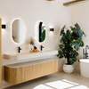 MONDIAZ THOR-DLUX 180cm meuble de salle de bains arrondi gauche + droite couleur Oak avec 2 tiroirs et 2 portes. Vasque suspendue CLOUD Double 2 trous de robinet couleur Meli. SW1466153