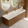 MONDIAZ KURVE-DLUX 145cm Meuble salle de bain avec module 25 D - couleur Walnut - 1 tiroir - 1 porte - vasque LEAF double / gauche - 2 trous de robinet - couleur Opalo SW1137665