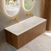 MONDIAZ KURVE-DLUX 120cm Meuble salle de bain - couleur Walnut - 1 tiroir - vasque LEAF double - sans trou de robinet - couleur Opalo SW1137658