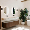 MONDIAZ THOR-DLUX 170cm meuble de salle de bains arrondi gauche + droite couleur Walnut avec 1 tiroir et 2 portes. Vasque suspendue CLOUD Double sans trou de robinet couleur Glace. SW1465589