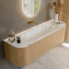 MONDIAZ KURVE-DLUX meuble de salle de bains 150cm avec module 25 Len R couleur Chêne avec 1 tiroir et 2 portes. Vasque BIG MEDIUM centrée sans trou de robinet couleur Glace. SW1137926
