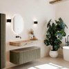 MONDIAZ THOR-DLUX 120cm meuble de salle de bains arrondi gauche + droite couleur Shadow avec 1 tiroir et 2 portes. Vasque suspendue CLOUD Gauche sans trou de robinet couleur Arena. SW1463300