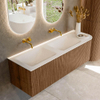 MONDIAZ KURVE 145cm Meuble salle de bain avec module 25 D - couleur Walnut - 1 tiroir - 1 porte - vasque CLOUD double / gauche - sans trous de robinet - Talc SW1138348