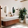 MONDIAZ THOR 190cm meuble de salle de bains arrondi gauche + droite couleur Ruby avec 2 tiroirs et 2 portes. Vasque suspendue CLOUD Double 2 trous de robinet couleur Talc. SW1466507