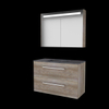 Basic-Line Premium 46 ensemble de meubles de salle de bain 100x46cm avec poignées 2 tiroirs lavabo en pierre dure 0 trous de robinetterie armoire de toilette éclairage led intégré mfc scotch oak SW639783