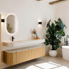 MONDIAZ THOR-DLUX 180cm meuble de salle de bains arrondi gauche + droite couleur Oak avec 2 tiroirs et 2 portes. Vasque suspendue CLOUD Gauche 1 trou de robinet couleur Meli. SW1466165