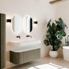 MONDIAZ THOR 120cm meuble de salle de bains arrondi gauche + droite couleur Shadow avec 1 tiroir et 2 portes. Vasque suspendue CLOUD Double sans trou de robinet couleur Talc. SW1463152