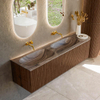 MONDIAZ KURVE-DLUX Meuble de salle de bains 165cm arrondi à droite couleur Walnut avec 2 tiroirs et 1 porte. Lavabo STOR SMALL Double / Gauche sans trou de robinet Sombra. SW1433710