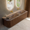 MONDIAZ KURVE-DLUX meuble de salle de bains 155cm arrondi gauche couleur noyer avec 2 tiroirs et 1 porte. Lavabo LEAF double / droit sans trou de robinetterie Oza. SW1432487