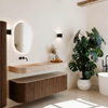 MONDIAZ THOR-DLUX 150cm meuble de salle de bains arrondi gauche + droite couleur Walnut avec 1 tiroir et 2 portes. Vasque suspendue CLOUD Gauche sans trou de robinet couleur Saba. SW1464873