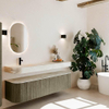 MONDIAZ THOR-DLUX 180cm meuble de salle de bains arrondi gauche + droite couleur Shadow avec 2 tiroirs et 2 portes. Vasque suspendue CLOUD Gauche 1 trou de robinet couleur Ostra. SW1466108