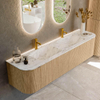 MONDIAZ KURVE-DLUX meuble de salle de bains 180 cm avec module 25 Len R couleur Chêne avec 2 tiroirs et 2 portes. Lavabo LEAF double 2 trous de robinet couleur Glace. SW1137988