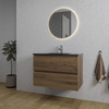 Saniclass Chaci Ensemble meuble de salle de bains - 80x46x55cm - lavabo céramique noir - 1 vasque - 1 trou de robinet - 2 tiroirs - miroir rond avec éclairage - noyer (bois) SW816271