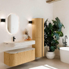 MONDIAZ THOR-DLUX 110cm badmeubel ronding links + rechts kleur Oak met 1 lade en 2 deuren. Vrijhangende wastafel CLOUD Links 1 kraangat kleur Nata. SW1462934