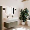 MONDIAZ THOR 120cm meuble de salle de bains arrondi gauche + droite couleur Shadow avec 1 tiroir et 2 portes. Vasque suspendue CLOUD Double 2 trous de robinet couleur Talc. SW1463145