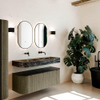 MONDIAZ THOR-DLUX 130cm meuble de salle de bains arrondi gauche + droite couleur Shadow avec 1 tiroir et 2 portes. Vasque suspendue CLOUD Double sans trou de robinet couleur Lava. SW1463772