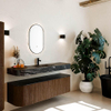 MONDIAZ THOR-DLUX 160cm badmeubel ronding links + rechts kleur Walnut met 1 lade en 2 deuren. Vrijhangende wastafel CLOUD Midden 1 kraangat kleur Lava. SW1465021