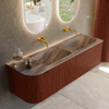 MONDIAZ KURVE-DLUX meuble de salle de bains 145 cm arrondi à gauche couleur Ruby avec 1 tiroir et 1 porte. Lavabo LEAF Double / à droite sans trou de robinet Oza. SW1432819