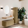 MONDIAZ THOR-DLUX 100cm meuble de salle de bains arrondi gauche + droite couleur Dusk avec 1 tiroir et 2 portes. Vasque suspendue CLOUD Milieu sans trou de robinet couleur Arena. SW1467452