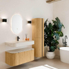 MONDIAZ THOR-DLUX 100cm badmeubel ronding links + rechts kleur Oak met 1 lade en 2 deuren. Vrijhangende wastafel CLOUD Midden 1 kraangat kleur Meli. SW1467470