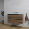 Saniclass Chaci Meuble de salle de bain - 100x45x55cm - lavabo en céramique noir mat - 1 vasque - sans trou de robinet - 2 tiroirs - noyer SW809383