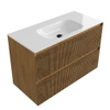 Saniclass Holz Atelier Ensemble meuble de salle de bains - 100x45x61.5cm - lavabo Flow en solid surface blanc - 1 vasque - sans trou de robinetterie - 2 tiroirs - chêne natural mat (bois) SW1478393