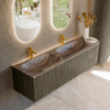 MONDIAZ KURVE-DLUX meuble de salle de bains 165cm arrondi à droite couleur Shadow avec 2 tiroirs et 1 porte. Lavabo STOR SMALL Double / Gauche 2 trous de robinet Sombra. SW1433808