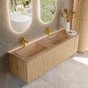 MONDIAZ KURVE-DLUX 155cm meuble de salle de bains arrondi droit couleur chêne avec 2 tiroirs et 1 porte. Lavabo LEAF double / gauche 2 trous de robinet Arena. SW1431163