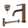 Fortifura Calvi Slim Wastafelkraanset - lage wastafelkraan - always open plug - verlaagde design - sifon - PVD - geborsteld koper SW1079954