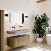 MONDIAZ THOR-DLUX 120cm meuble de salle de bains arrondi gauche + droite couleur Dusk avec 1 tiroir et 2 portes. Vasque suspendue CLOUD Double sans trou de robinet couleur Sombra. SW1463683