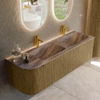 MONDIAZ KURVE-DLUX Meuble de salle de bains 145 cm arrondi à gauche couleur Dusk avec 1 tiroir et 1 porte. Lavabo LEAF Double / Droite 2 trous de robinet Oza. SW1433016
