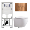 Pack WC QeramiQ Dely Swirl Compact - réservoir encastrable Geberit UP320 - avec bâti-support Burda - abattant slim - plaque de commande en métal cuivre - boutons ronds - blanc mat SW1595639