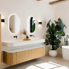MONDIAZ THOR 180cm meuble de salle de bains arrondi gauche + droite couleur Oak avec 2 tiroirs et 2 portes. Vasque suspendue CLOUD Double sans trou de robinet couleur Talc. SW1465890