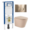 QeramiQ Dely Toiletset - 36.3x51.7cm - diepspoel - rimless - Geberit UP720 inbouwreservoir - softclose toilet zitting - 35mm - geborsteld messing bedieningsplaat - ronde knoppen - mat beige SW1427090