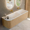MONDIAZ KURVE 145cm meuble de salle de bains avec module 25 L couleur Oak avec 1 tiroir et 1 porte. Lavabo CLOUD double / à droite sans trou de robinet Talc. SW1138200