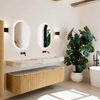 MONDIAZ THOR-DLUX 170cm meuble de salle de bains arrondi gauche + droite couleur Oak avec 1 tiroir et 2 portes. Vasque suspendue CLOUD Double sans trou de robinet couleur Frappe. SW1465435