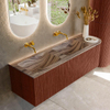 MONDIAZ KURVE-DLUX meuble de salle de bains 145cm arrondi à droite couleur Ruby avec 1 tiroir et 1 porte. Lavabo LEAF double / à gauche sans trou de robinetterie Sombra. SW1433985
