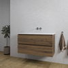 Saniclass Chaci Meuble de salle de bain - 100x45x55cm - lavabo en céramique brillant blanc - 1 vasque - sans trou de robinet - 2 tiroirs - noyer SW809375