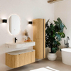 MONDIAZ THOR-DLUX 100cm badmeubel ronding links + rechts kleur Oak met 1 lade en 2 deuren. Vrijhangende wastafel CLOUD Links 1 kraangat kleur Nata. SW1467502