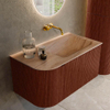 MONDIAZ KURVE-DLUX Meuble de salle de bains 85cm arrondi gauche couleur Ruby avec 1 tiroir et 1 porte. Lavabo CLOUD à droite sans trou de robinet Saba. SW1433433