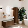 MONDIAZ THOR-DLUX 110cm badmeubel ronding links + rechts kleur Walnut met 1 lade en 2 deuren. Vrijhangende wastafel CLOUD Rechts 1 kraangat kleur Opalo. SW1462801