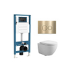 QeramiQ Dely Swirl Compact Toiletset - inbouwreservoir QeramiQ flush - 25mm zitting - metalen bedieningsplaat messing geborsteld (goud) - ronde knoppen - mat wit SW1590814