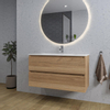 Adema Chaci Meuble salle de bain - 100x46x57cm - 1 vasque ovale en céramique blanche - 1 trou de robinet - 2 tiroirs - miroir rond avec éclairage - canelle SW816278