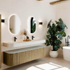 MONDIAZ THOR-DLUX 180cm meuble de salle de bains arrondi gauche + droite couleur Dusk avec 2 tiroirs et 2 portes. Vasque suspendue CLOUD Double 2 trous de robinet couleur Opalo. SW1466007