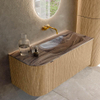 MONDIAZ KURVE-DLUX 105cm badmeubel ronding Links kleur Oak met 1 lade en 1 deur. Wastafel BIG SMALL Rechts zonder kraangat Sombra. SW1433551