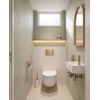 Pack WC QeramiQ Dely Swirl Compact - réservoir encastrable Geberit UP320 - avec bâti-support Burda - abattant 25 mm - plaque de commande en plastique laiton brossé (or) - boutons ronds - blanc brillant SW1592330