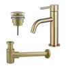 Fortifura Calvi Slim Wastafelkraanset - lage wastafelkraan - klikwaste plug - verlaagde design - sifon - PVD - geborsteld messing (goud) SW891973