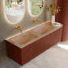 MONDIAZ KURVE-DLUX Meuble de salle de bains 145cm arrondi à droite couleur Ruby avec 1 tiroir et 1 porte. Lavabo LEAF Double / Gauche sans trou de robinet Saba. SW1433496